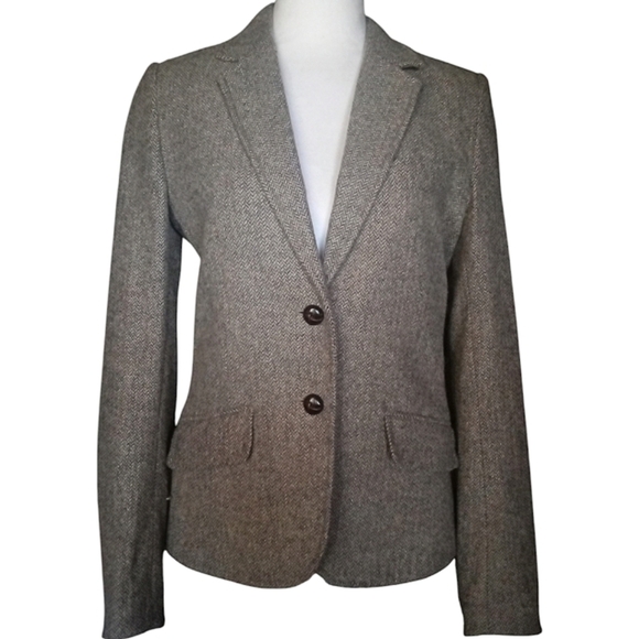 H&M Wool Silk Blend Herringbone Button Front Blazer Faux Suede Elbow Patches Med - Picture 1 of 10